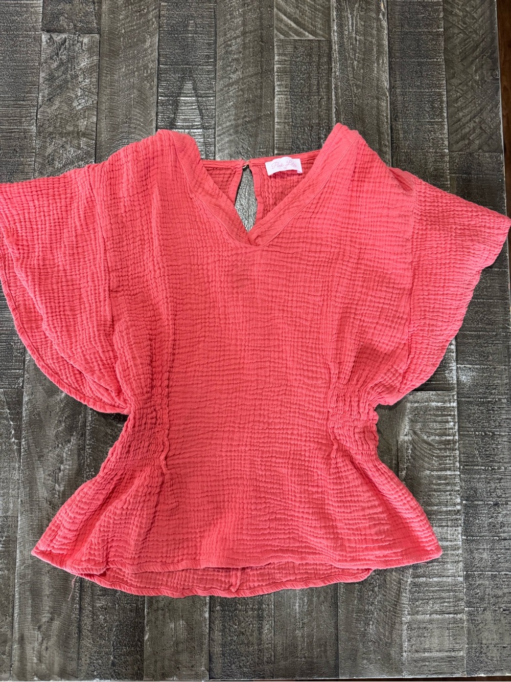 Pink Lily Coral Textured Flutter Sleeve Blouse